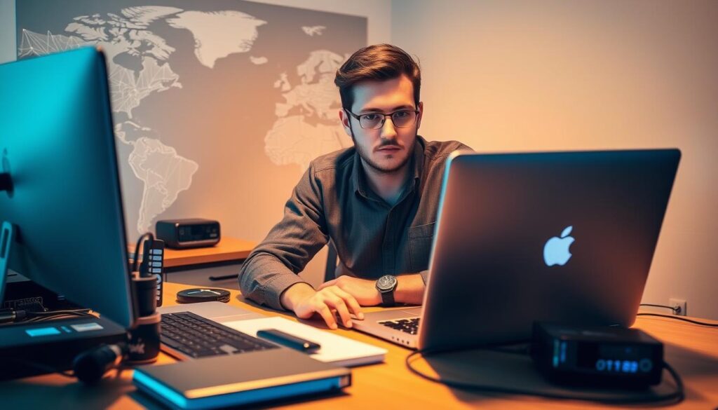 A person sitting at a desk, laptop open, surrounded by various tools and devices used for testing VPN speed. The desk is well-lit, with a warm, focused lighting that highlights the task at hand. In the background, a world map or network diagram is visible, suggesting the global nature of VPN connectivity. The person's expression is one of concentration, with a thoughtful, analytical gaze as they prepare to conduct their VPN speed test. The overall atmosphere conveys a sense of professionalism and attention to detail, reflecting the importance of thoroughly testing a VPN before committing to it.