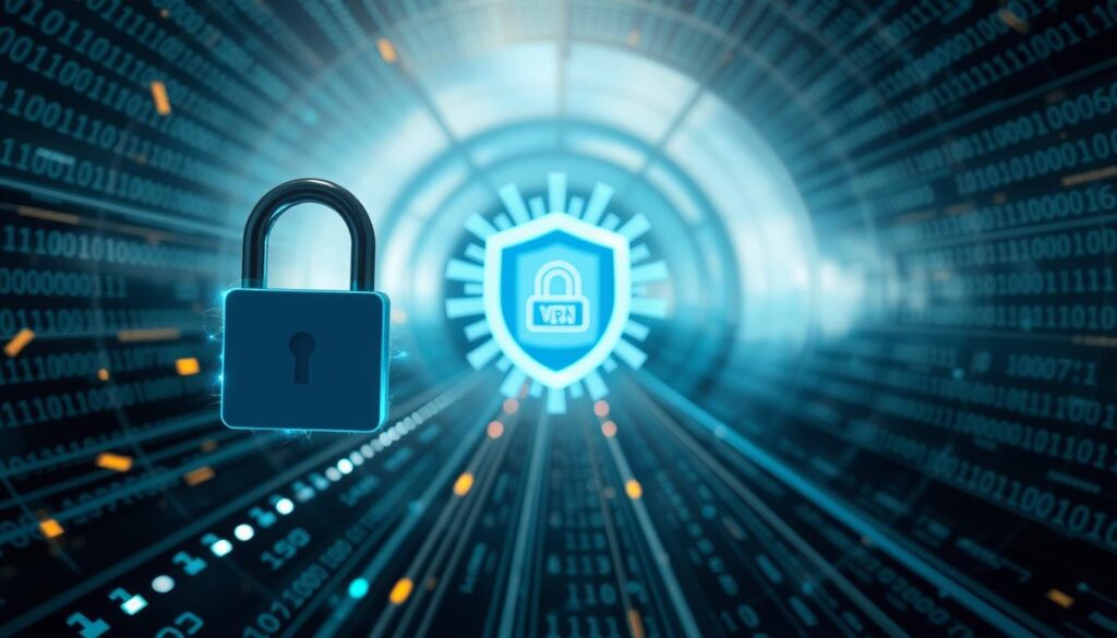 A secure virtual tunnel, with data packets cloaked in encryption, weaving through a digital landscape. In the foreground, a lock icon pulses with a protective aura, signifying the robust encryption safeguarding user information. The middle ground features a VPN server icon, its rays of connectivity extending outward, shielding against prying eyes. In the background, a matrix of binary code cascades, representing the underlying cryptographic protocols that fortify the VPN's defenses. Soft, ambient lighting imbues the scene with a sense of safety and privacy, conveying the essence of how VPNs shield user data from unauthorized access.