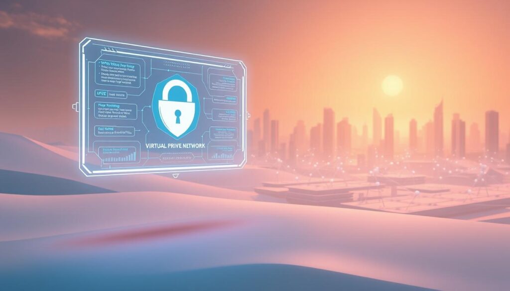 A serene, futuristic landscape featuring a secure virtual private network (VPN) system. In the foreground, a sleek, holographic VPN interface hovers over a minimalist, low-poly workspace, showcasing key privacy and security features. The middle ground depicts a network of interconnected nodes, representing the robust, encrypted VPN infrastructure. In the background, a cityscape of high-rise buildings is shrouded in a soft, ambient glow, conveying a sense of technological progress and data protection. The scene is illuminated by a warm, diffused lighting, creating a visually striking and conceptually compelling image that highlights the importance of privacy and security in the digital age.