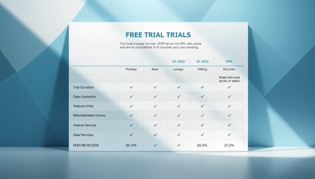 A sleek and minimalist comparison chart showcasing the free trial options of leading VPN providers. In the foreground, a clean grid layout highlights key details like trial duration, data limits, and feature access. The background features abstract geometric patterns in a cool color palette, creating a professional and tech-savvy atmosphere. Soft, directional lighting casts subtle shadows, emphasizing the chart's crisp typography and intuitive data visualization. The overall composition conveys a sense of trust, reliability, and informed decision-making for the discerning VPN consumer.