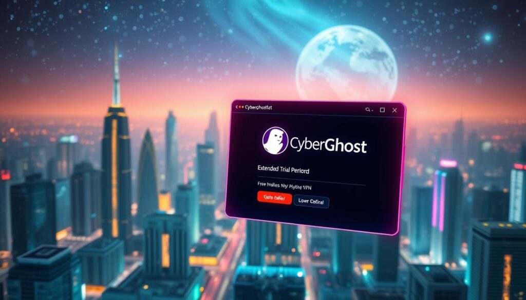 A sleek, futuristic VPN application window hovers in the foreground, its vibrant CyberGhost logo prominently displayed. The window's interface shows an extended trial period, emphasizing the generous offer. In the middle ground, a cityscape of modern skyscrapers and glowing neon lights creates an immersive cyberpunk atmosphere. The background is a starry, holographic landscape, hinting at the boundless digital realm that a VPN like CyberGhost can unlock. Dramatic lighting casts a cool, neon-tinged glow, conveying a sense of technological innovation and unlimited connectivity.