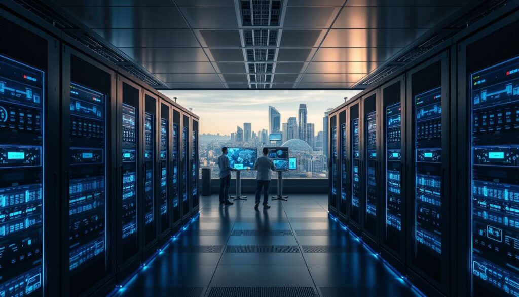 A sleek, modern data center with state-of-the-art security features. In the foreground, rows of high-performance servers stand ready, each protected by a glowing blue force field. In the middle ground, a team of cybersecurity experts monitor multiple holographic displays, analyzing network traffic and threat patterns. The background depicts a vast, futuristic skyline, hinting at the global reach and scale of the NordVPN infrastructure. Soft, directional lighting casts dramatic shadows, emphasizing the solidity and reliability of the system. The overall atmosphere is one of unwavering protection, cutting-edge technology, and a commitment to safeguarding user privacy.