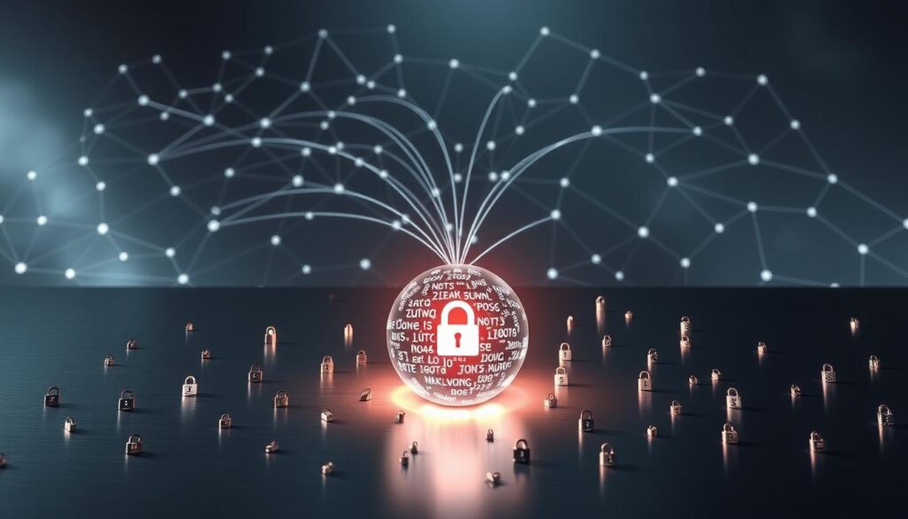 A sprawling network diagram unfurls across a sleek, metallic background, illustrating the complex web of DNS connections. In the foreground, a glowing sphere of data pulses, representing the vulnerable point where a DNS leak could occur. Scattered across the scene, tiny padlock icons signal the need for robust security measures. The lighting is crisp and technical, casting sharp shadows that emphasize the gravity of the situation. The overall composition conveys a sense of urgency and the importance of addressing DNS leaks on mobile devices.