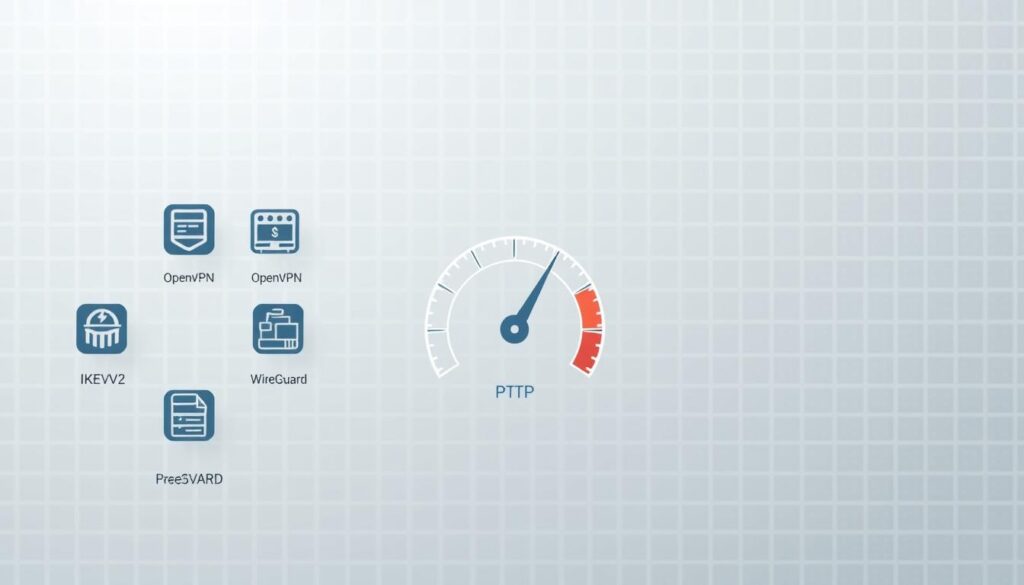 Why does my VPN speed change when I switch server locations? 5 A technical illustration depicting VPN protocols for optimizing internet speed. In the foreground, a network diagram showcases various VPN protocol icons like OpenVPN, IKEv2, WireGuard, and PPTP, arranged in a grid. The middle ground features a speedometer-style visualization, indicating the relative performance of each protocol. The background displays a subtle grid pattern, suggesting network infrastructure. Soft, muted tones create a technical, informative aesthetic. The lighting is evenly distributed, creating clear, legible details. Captured with a wide-angle lens to maximize the informational content within the frame.