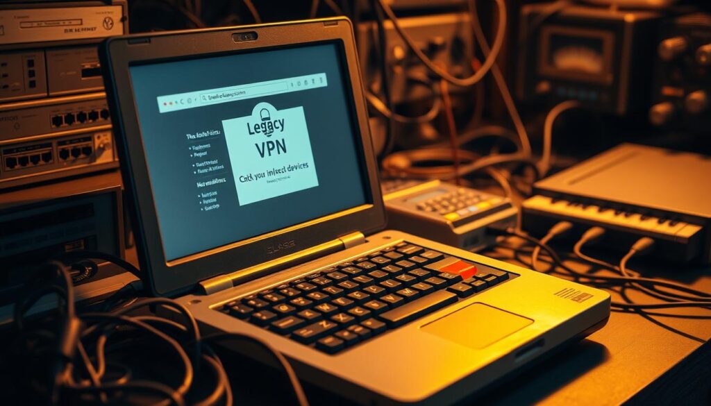 A vintage laptop with a legacy VPN client prominently displayed on the screen, set against a backdrop of older networking equipment and cables. The laptop has a worn, retro aesthetic, reflecting the age of the technology. Soft, warm lighting illuminates the scene, creating a nostalgic atmosphere. The composition emphasizes the importance of legacy device support for VPN services, with the laptop taking center stage. The image conveys a sense of reliability and durability, highlighting the need for VPN providers to cater to users with older hardware.