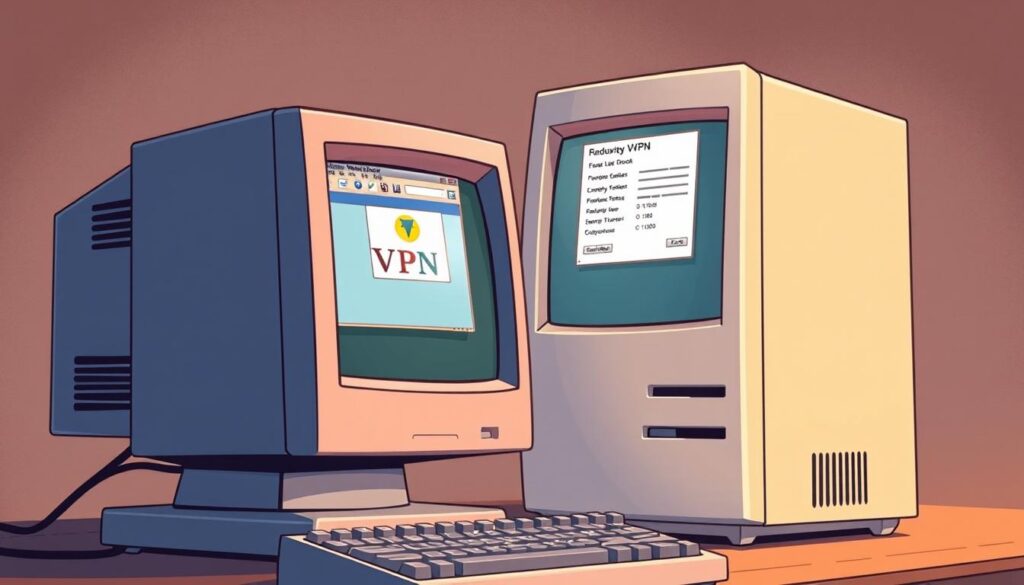A well-lit, detailed illustration of an older desktop computer running a legacy Windows operating system, with a virtual private network (VPN) client software prominently displayed on the screen. The computer has an outdated design, with a bulky CRT monitor and a boxy tower case. The VPN client interface should have a classic, retro aesthetic, reflecting the compatibility with older systems. The overall scene should convey a sense of nostalgia and the need for reliable VPN support on legacy hardware and software.