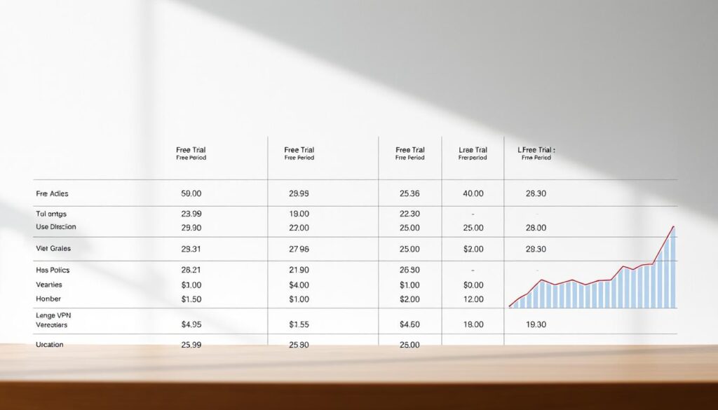 A well-lit, high-contrast comparison chart displaying the varying free trial durations of leading VPN providers. The foreground features a clean, minimalist design with clearly labeled columns for each provider's trial period, rendered in a crisp, legible font. The middle ground showcases elegant data visualizations, such as bar graphs or line charts, highlighting the differences in trial lengths. The background maintains a subtle, neutral tone, allowing the key information to take center stage. Soft shadows and a slight depth-of-field effect create a professional, polished aesthetic. The overall composition conveys a sense of clarity and insight, perfectly suited to illustrate the section on finding the VPN with the longest free trial.