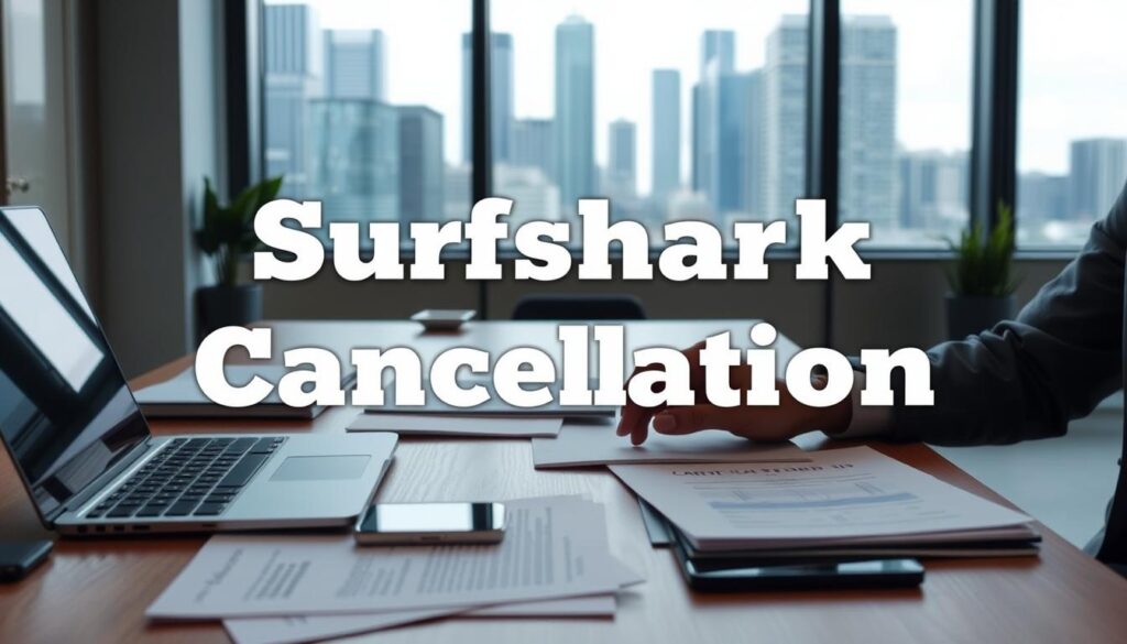 A well-lit interior office scene with a laptop, smartphone, and various documents on a wooden desk. In the foreground, a person's hands are navigating through a digital interface, likely representing the Surfshark cancellation process. The background features a large window overlooking a city skyline, creating a sense of professionalism and productivity. The overall atmosphere is calm and focused, reflecting the ease and efficiency of the cancellation experience.