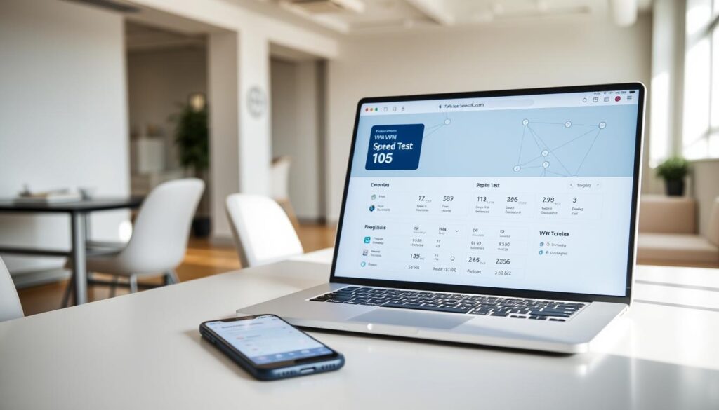 A well-lit, minimalist workspace with a laptop, smartphone, and network diagram on the desk. The laptop screen displays a VPN speed test website, with clear and easy-to-understand metrics. The smartphone rests nearby, showcasing a VPN app interface. In the background, a clean, modern office environment with neutral tones and subtle geometric patterns on the walls. The overall scene conveys a sense of efficiency, organization, and a focus on testing and evaluating VPN performance before making a decision.