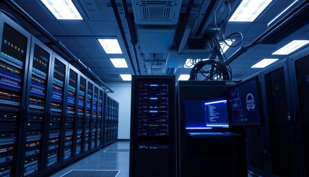 a high-tech server room with rows of racks and blinking network equipment, a single private DNS server in the foreground, backlit by a soft blue glow, the server's interface displayed on a nearby monitor, the room illuminated by bright overhead lighting creating dramatic shadows, the atmosphere is one of precision and control, the design is sleek and modern with clean lines and a minimalist aesthetic